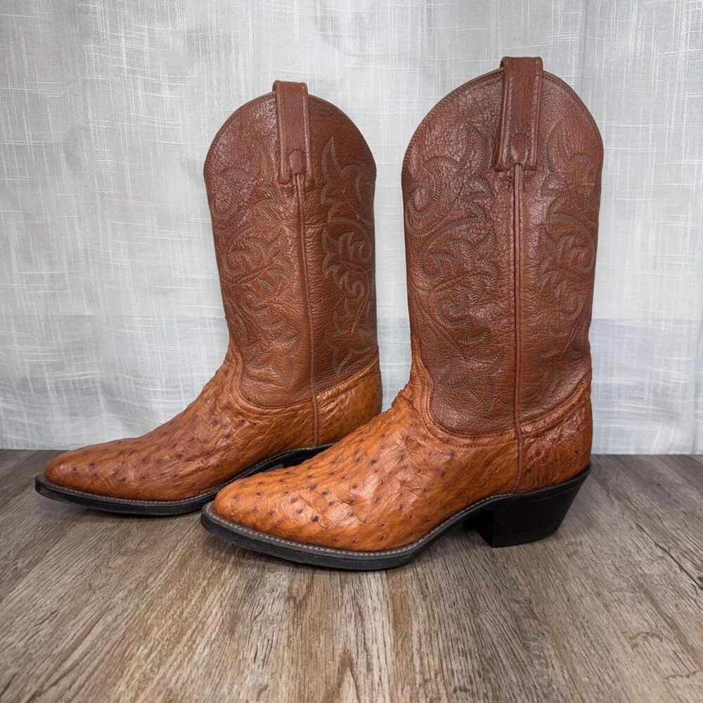 Dan Post Men 7M Cowboy Boots Full Quill Ostrich Tan Brown Leather Western P2987